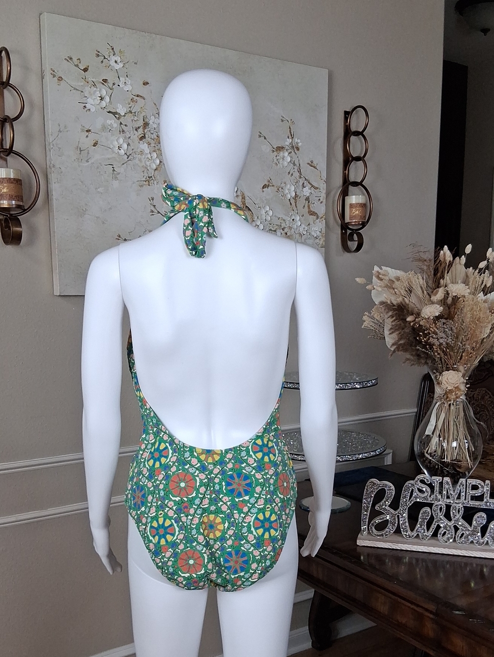 Women's Green Mosaic Halter V Neck One-Piece Swimsuit with Coral Trim Large - Picture 6 of 16